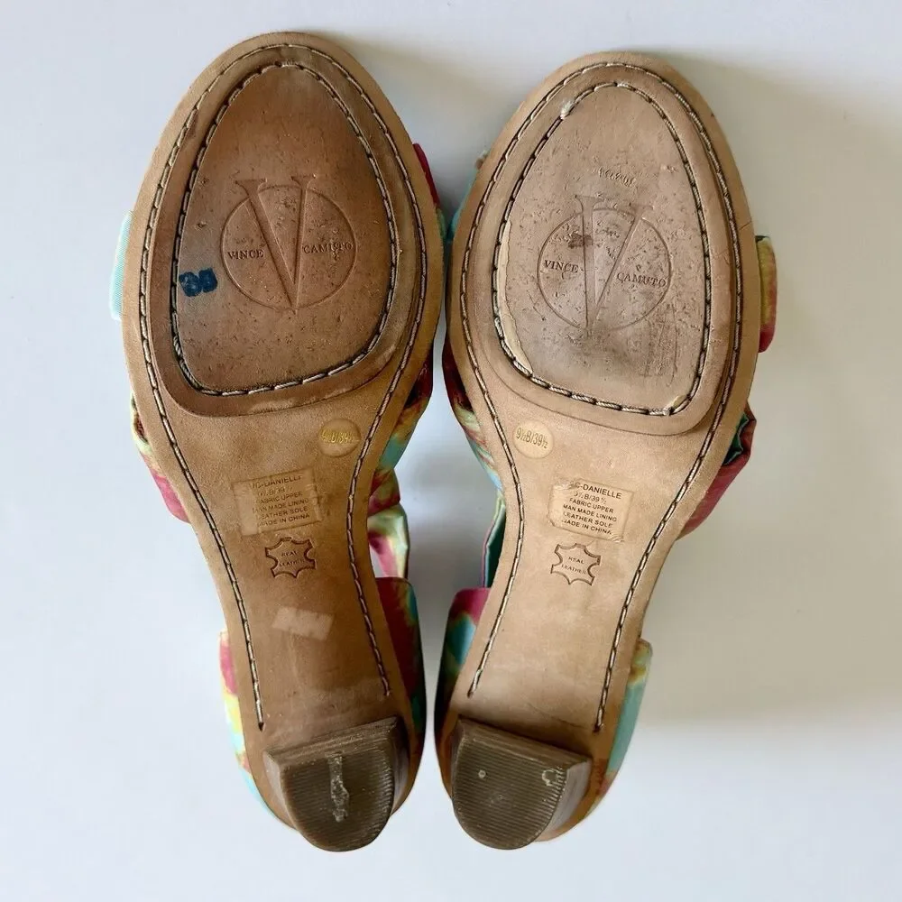 Vince Camuto Tie Dye Fabric Buckle Sandals High Block Heels Women's Size 9.5B